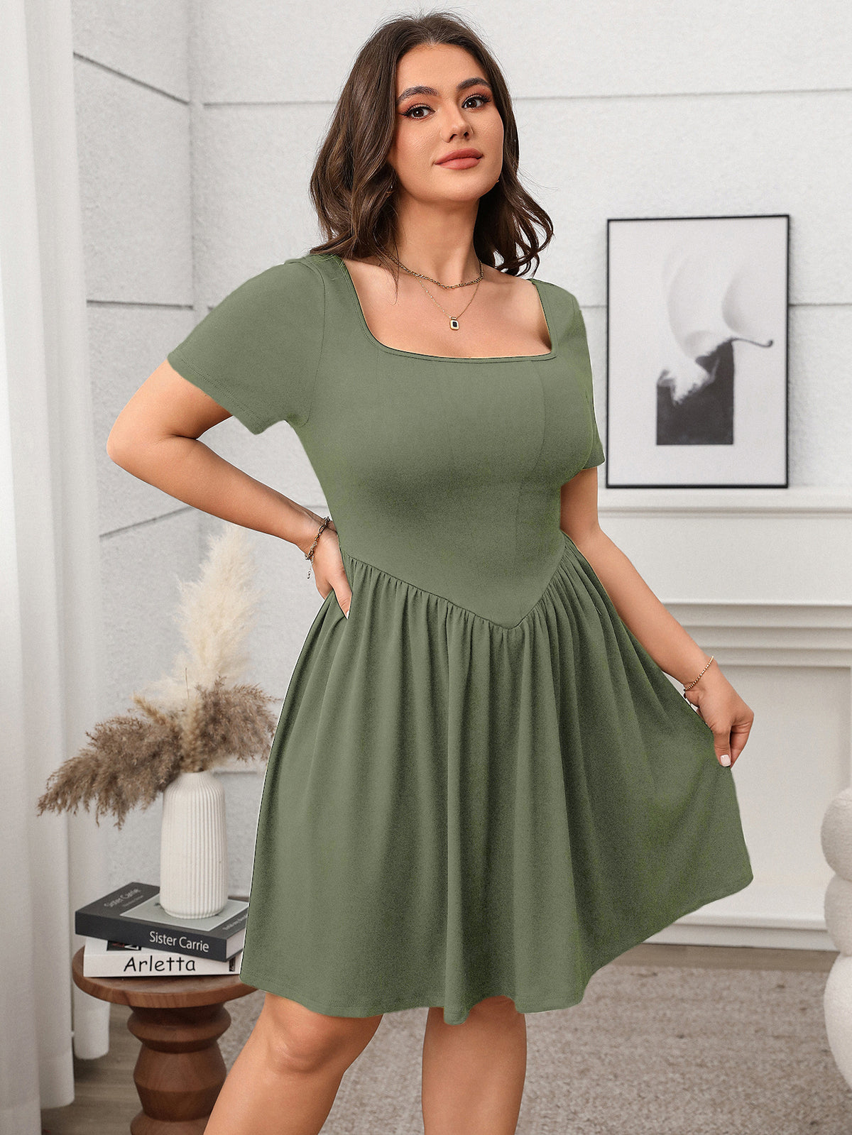Plus Size Elegant Women Clothing Spring Summer Short Sleeve Square Collar Solid Color Slimming Dress