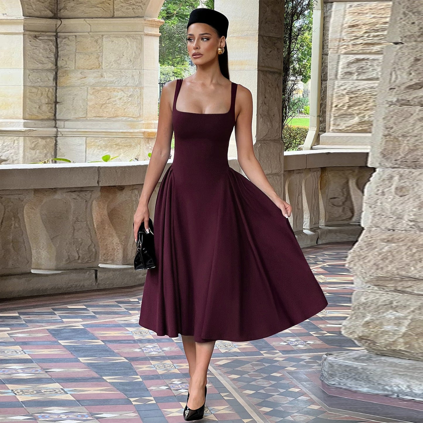 Women Spring Clothing French Square Collar Dress Retro Slim Fit Oversized Sling Dress