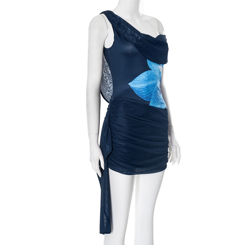 Summer Sexy Backless Swing Collar Printed Side Streamer Sheath Dress