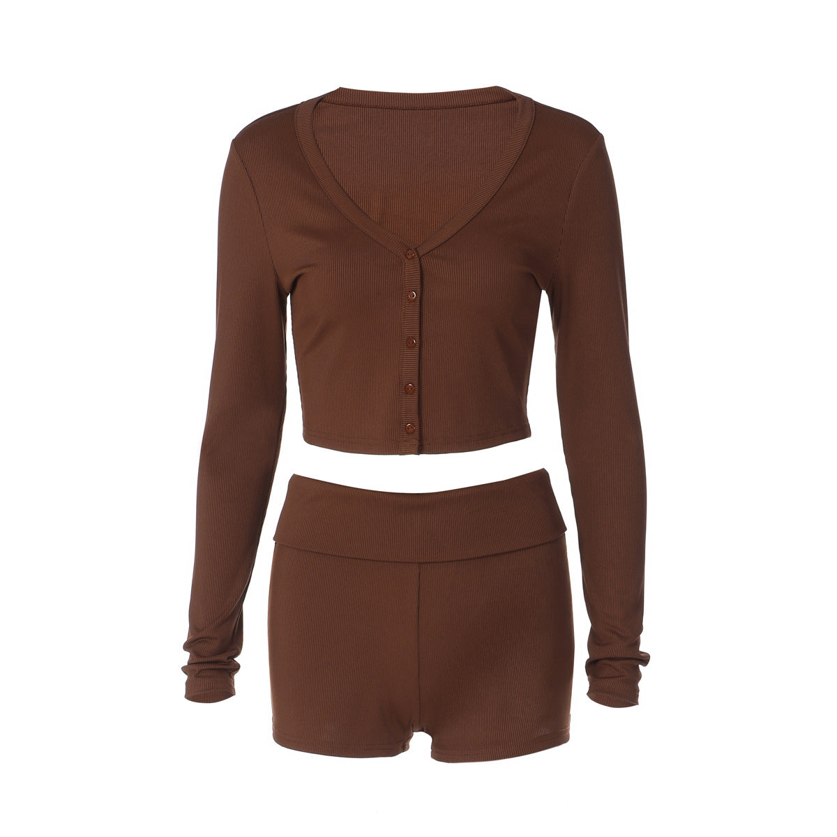 Women Solid Color Long Sleeve Two Piece Set Winter Breasted Cardigan Slim Fit Short Set