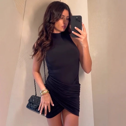Summer Solid Color Slim Fit Advanced Texture Sleeveless Ruffle Hip Dress
