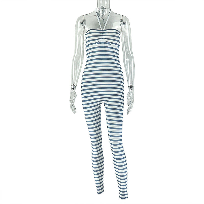 Personality Women Striped Printed Halter Wrapped Chest Jumpsuit Sexy Backless Sports Long Jumpsuit