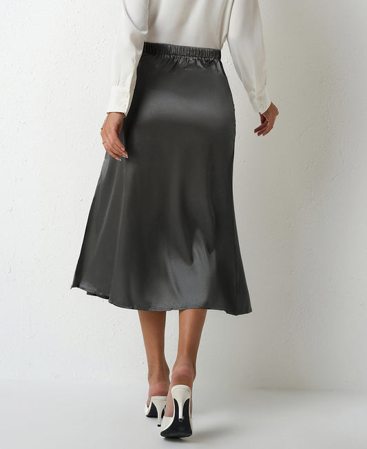 Women Clothing Popular Satin Skirt Women Summer Mid Length Split Professional A line Skirt High Waist Skirt