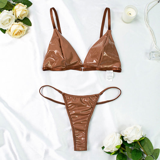 Sexy Underwear Sexy Glossy Bikini T Back Wireless French Seamless Three Point Backless Two Piece Sets