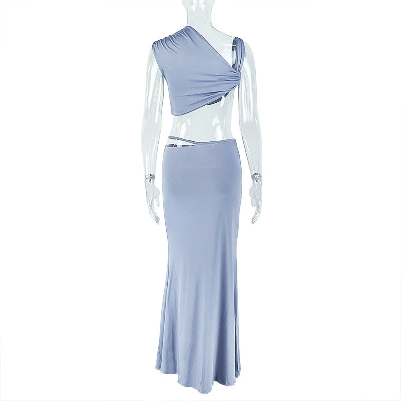 Sexy Women Wear Solid Color Elegant Casual Cropped Skirt Tube Top Diagonal Collar Top Sheath Dress Two Piece Sets