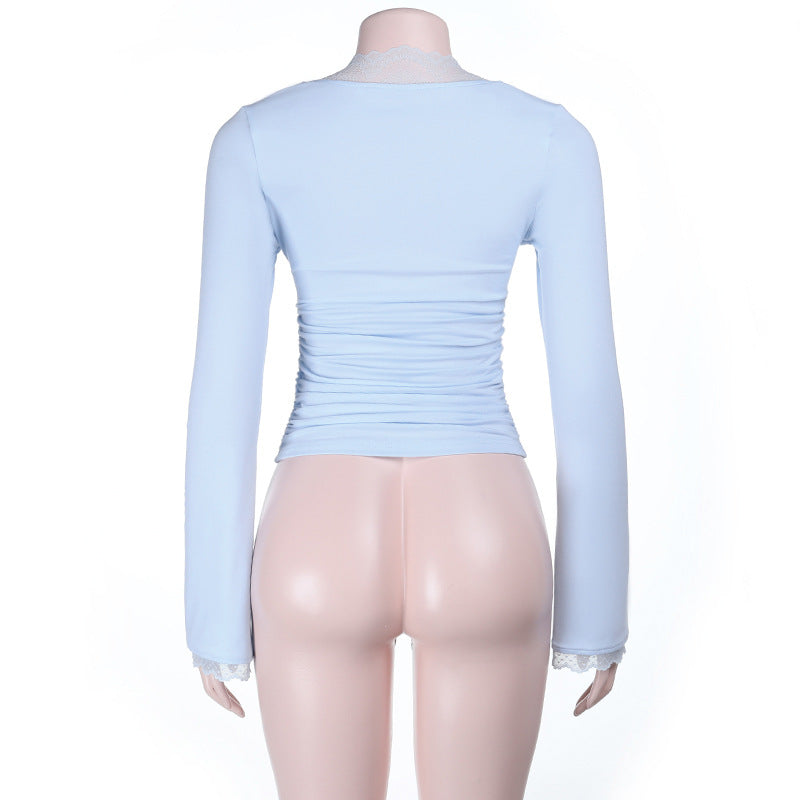 Autumn Winter Sexy Lace Current Chest Slim Fit Twisted T shirt Top