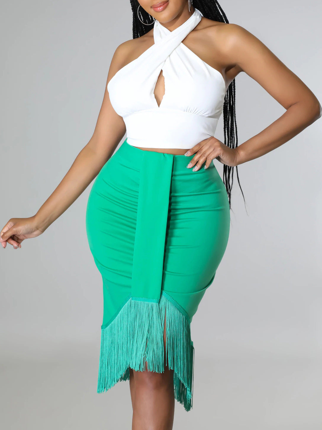 Women Halter Short Top Sheath Tassel Skirt Two Piece Set