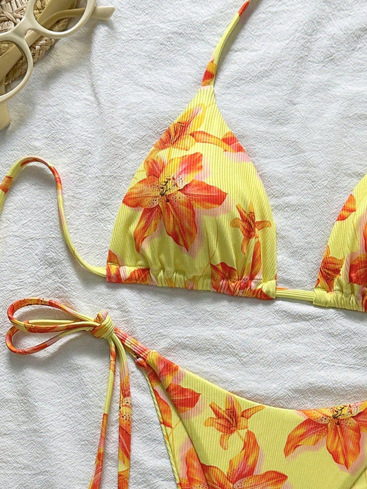 Swimwear Sexy Halter Lace up Floral Print Bikini Women Fresh Natural Swimsuit