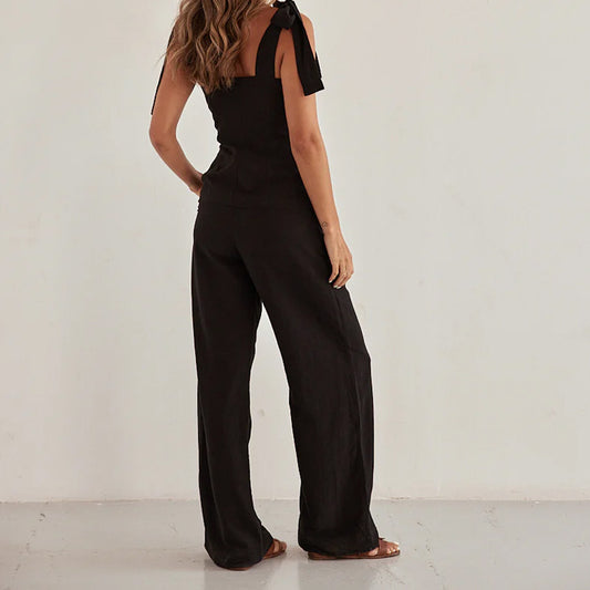 Spring Summer Black Bandeau Sling Top High Waist Wide Leg Pants Two Piece Set