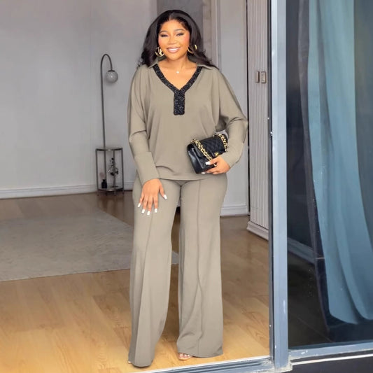 Elegant Office Casual V Shaped Collared Long Sleeve Stretch Slim Fit Two Piece Sets