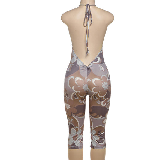 Summer Women Sexy Halter Printed Backless High Slimming Waist Jumpsuit