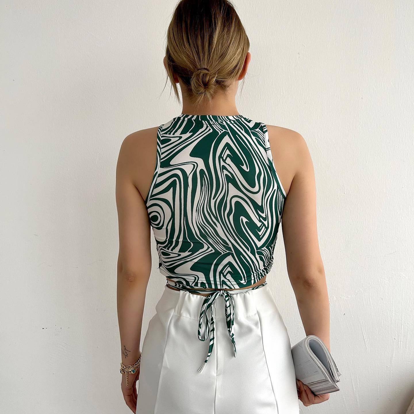Irregular Asymmetric Pattern Print Vest Women Summer Strap Small Top Cropped Sexy Tight Vest