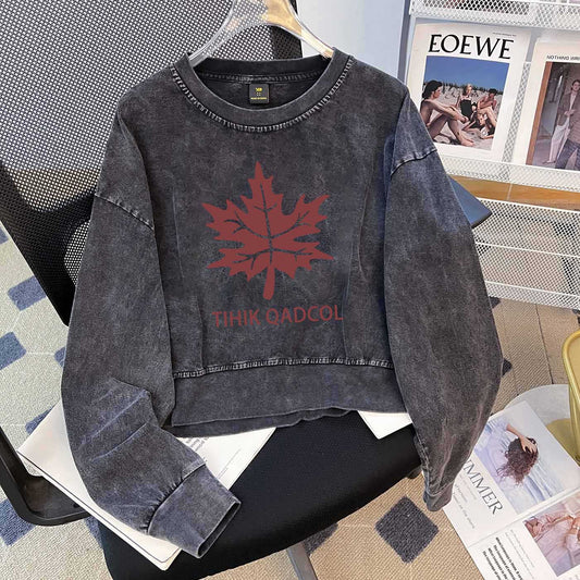 Washed Retro Heavy Pure Cotton O Neck Short Sweatshirt Women Special Interest Design Washed Distressed Long T Shirt