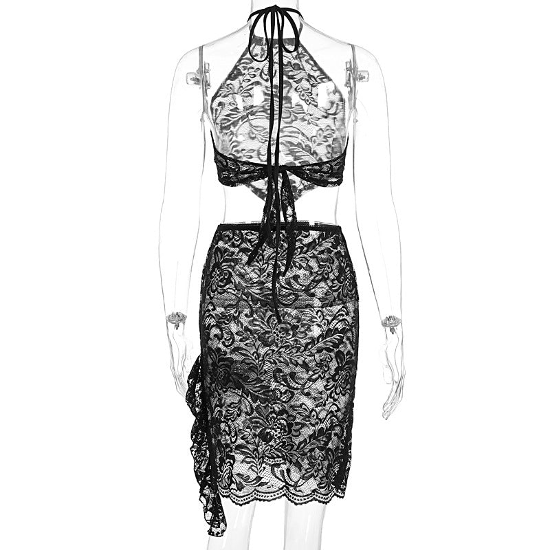 Summer Women Clothing Sexy Halter Lace Backless Top Skirt Two Piece Set
