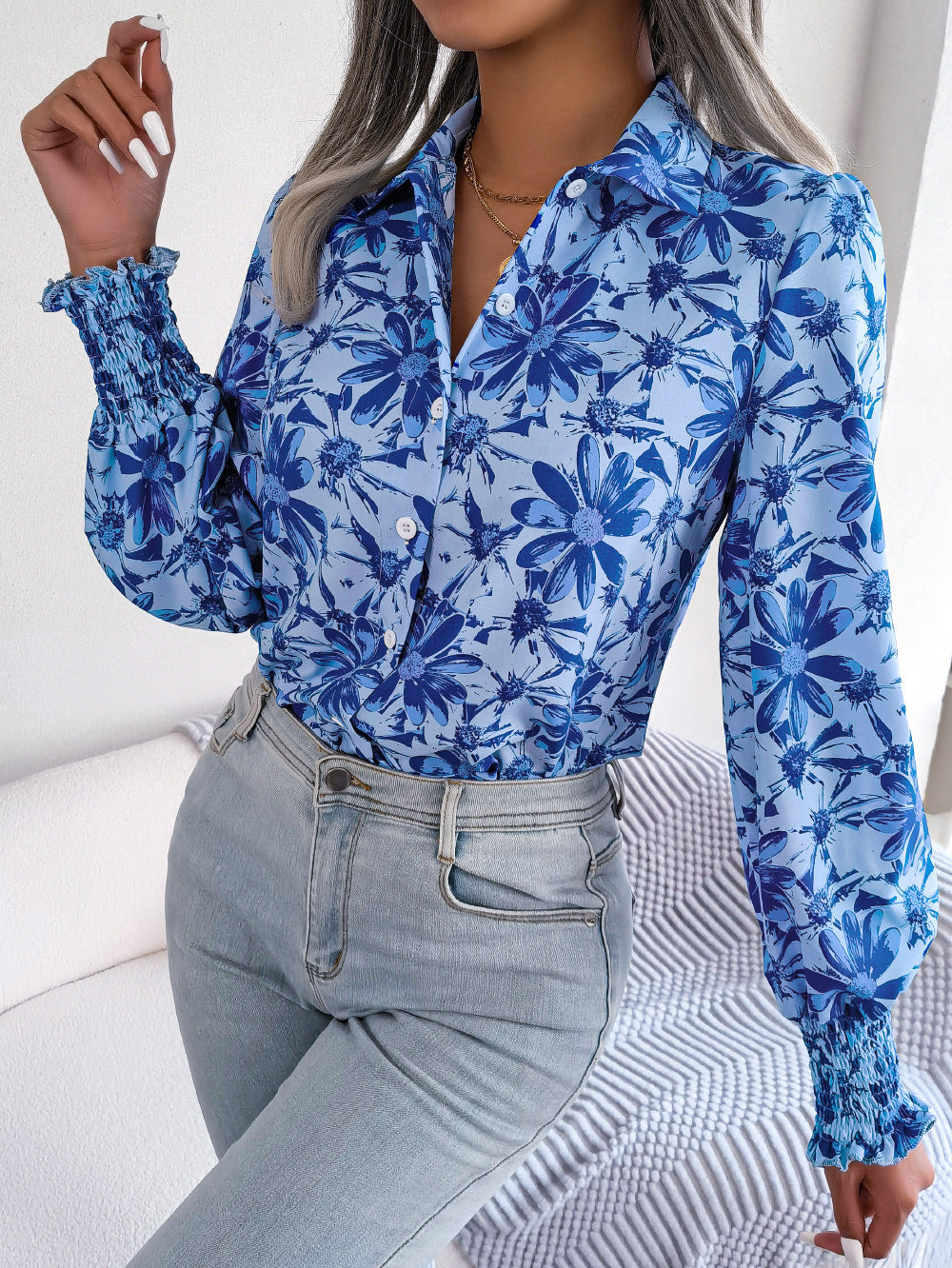 Spring Summer Casual Lantern Sleeve Contrast Color Floral Collared Shirt Women Clothing