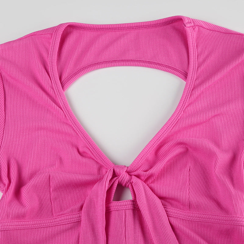 Summer Backless Drawstring Strap Sports Short Sleeved Jumpsuit Pleated Sexy Jumpsuit