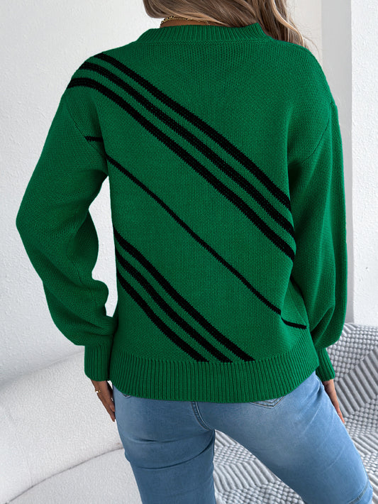Women Clothing Autumn Winter Casual Striped round Neck Lantern Long Sleeve Pullover