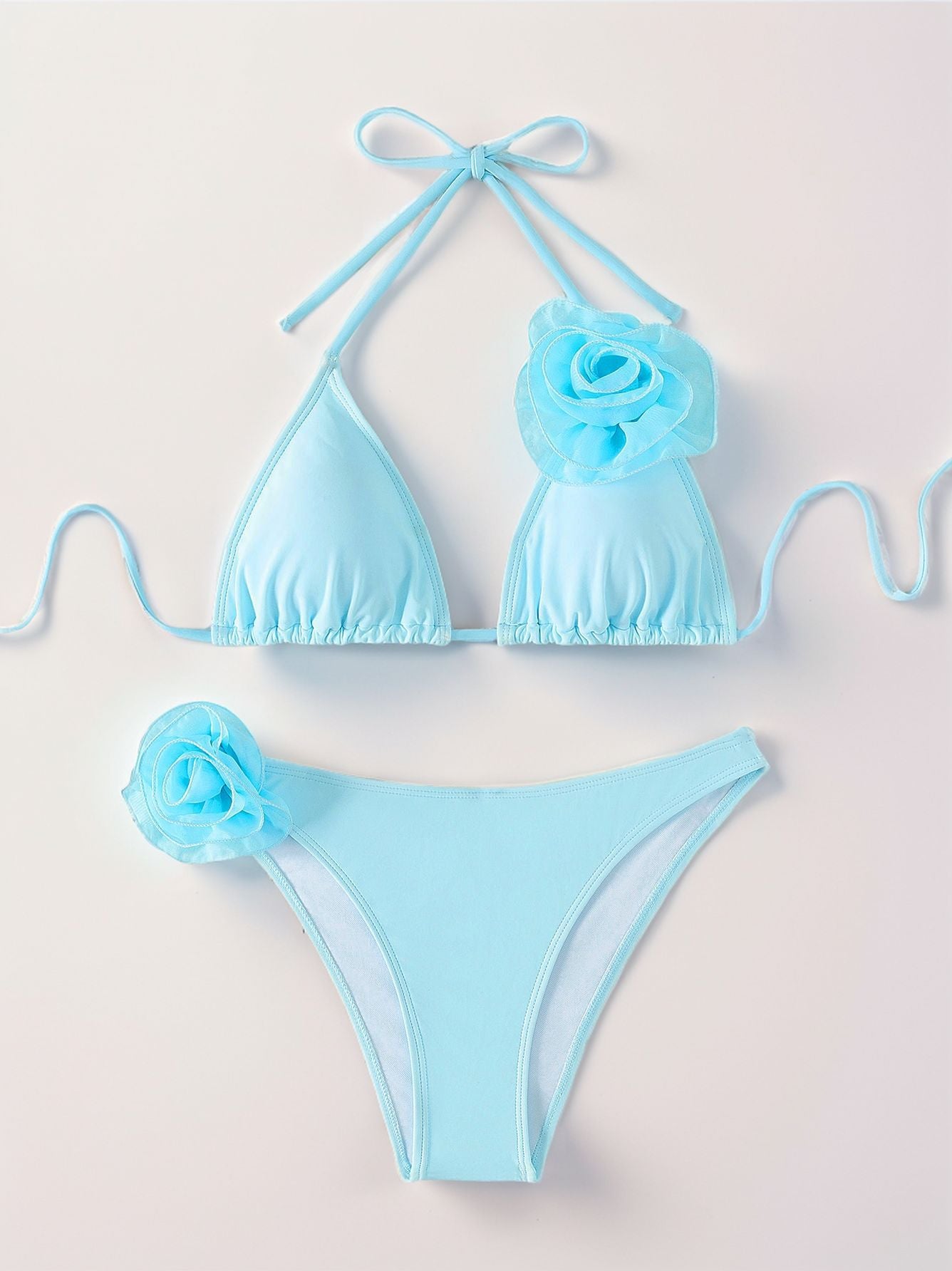 Women Solid Color Triangle Cup Floral Backless Sexy Bikini Swimsuit