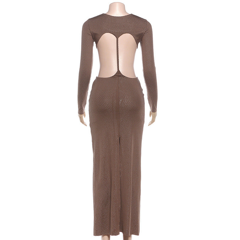 Autumn Winter Women Clothing Sexy round Neck Hollow Out Cutout Backless Slim Fit Long Sleeved Dress for Women