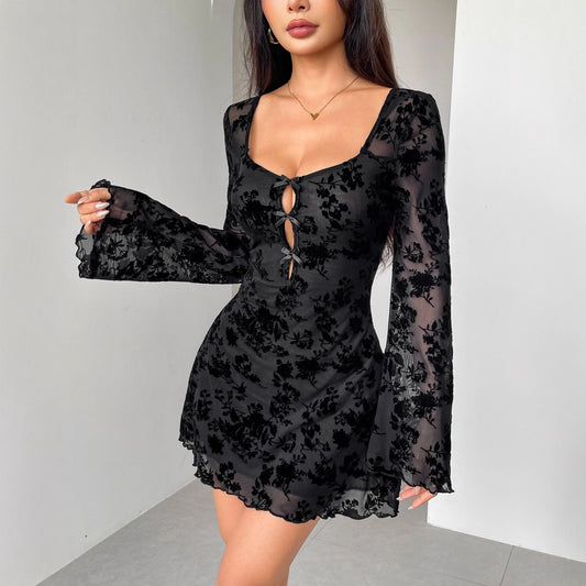 Fall Dress Flocking Long Sleeve Floral Hollow Out Cutout Bow Women Clothing