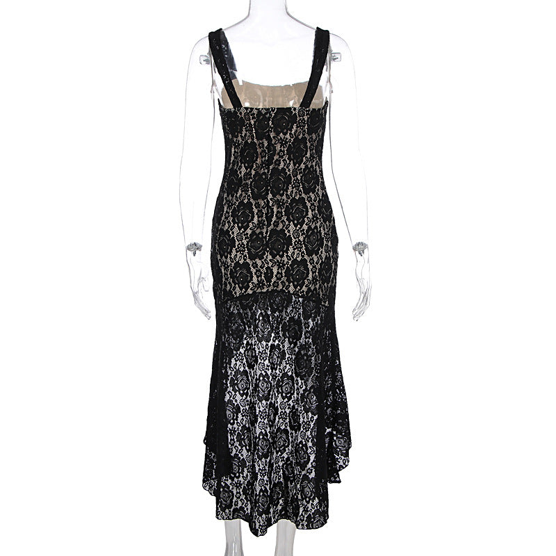 Women Clothing Sexy Lace Sling Slim Fit See through Split High Grade Dress Women