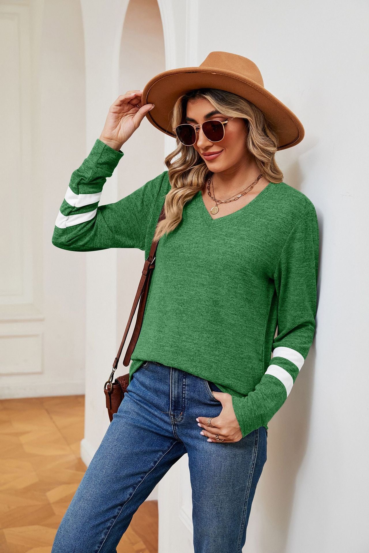Autumn Winter Solid Color V neck Color Contrast Patchwork Loose Long Sleeved T shirt Top