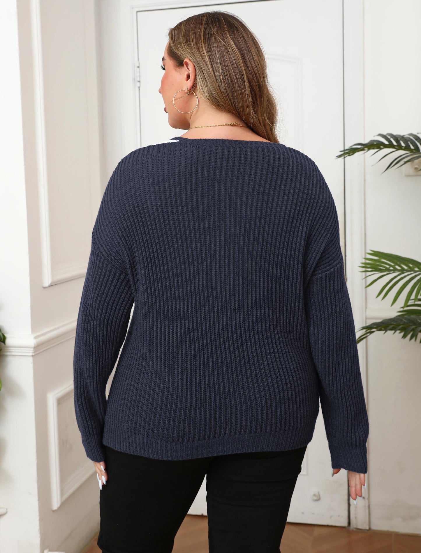 Plus Size Women Clothes Color Contrast Patchwork Large V neck Loose Woven Sweater Pullover