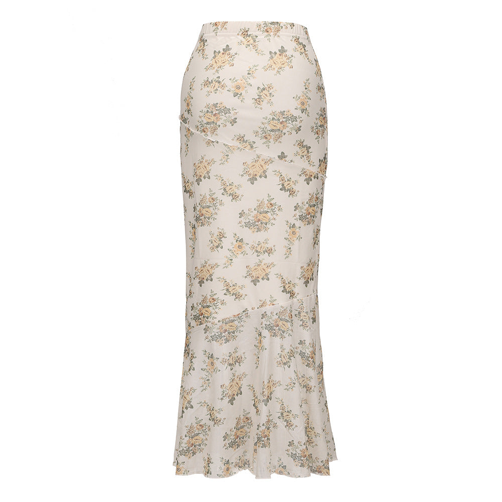 Summer Mesh Printed Skirt Sexy Tight Double Layer Fishtail Skirt