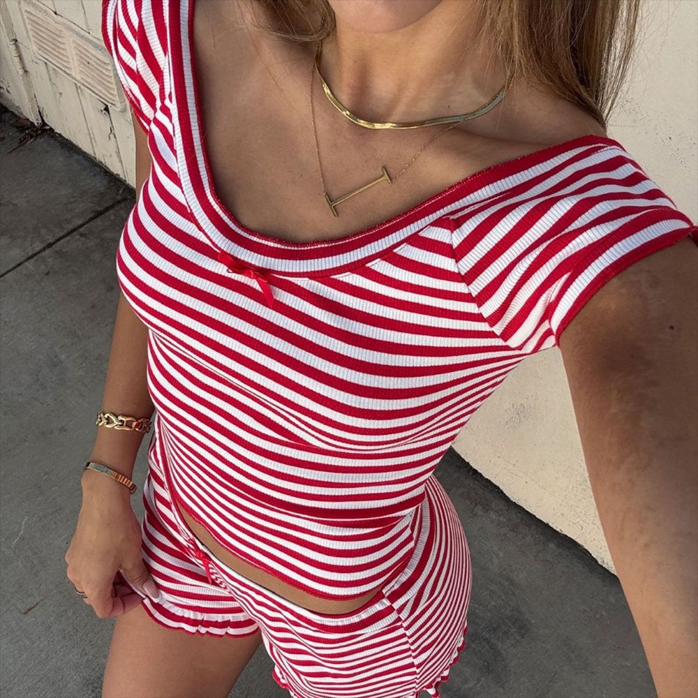 Supply Summer Sexy U Collar Backless Cropped Striped Short Sleeve Shorts Two Piece Sets