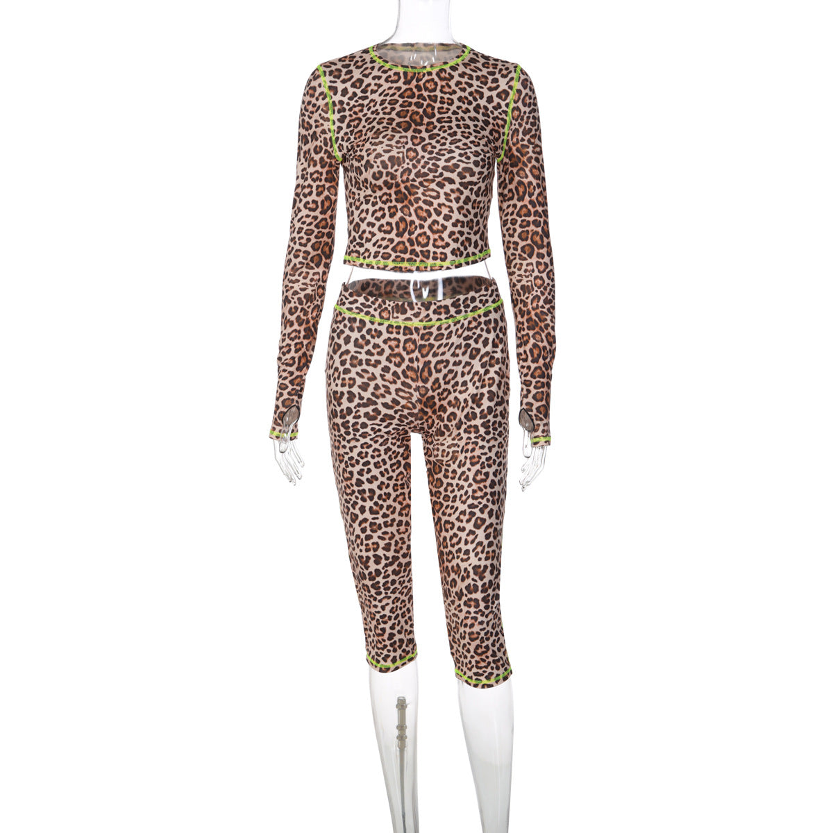 French Women Clothing Autumn Winter Leopard Print Cropped Long Sleeve Top Slim Shorts Set