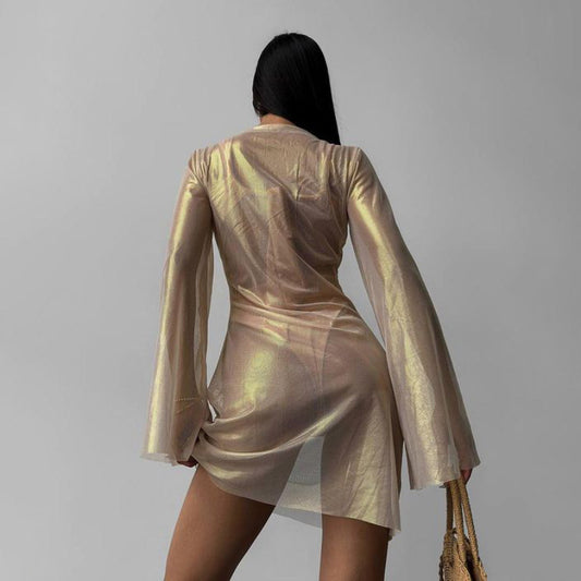 Autumn Mesh Bronzing See through Slightly Flared Long Sleeve Sexy Sexy Dress