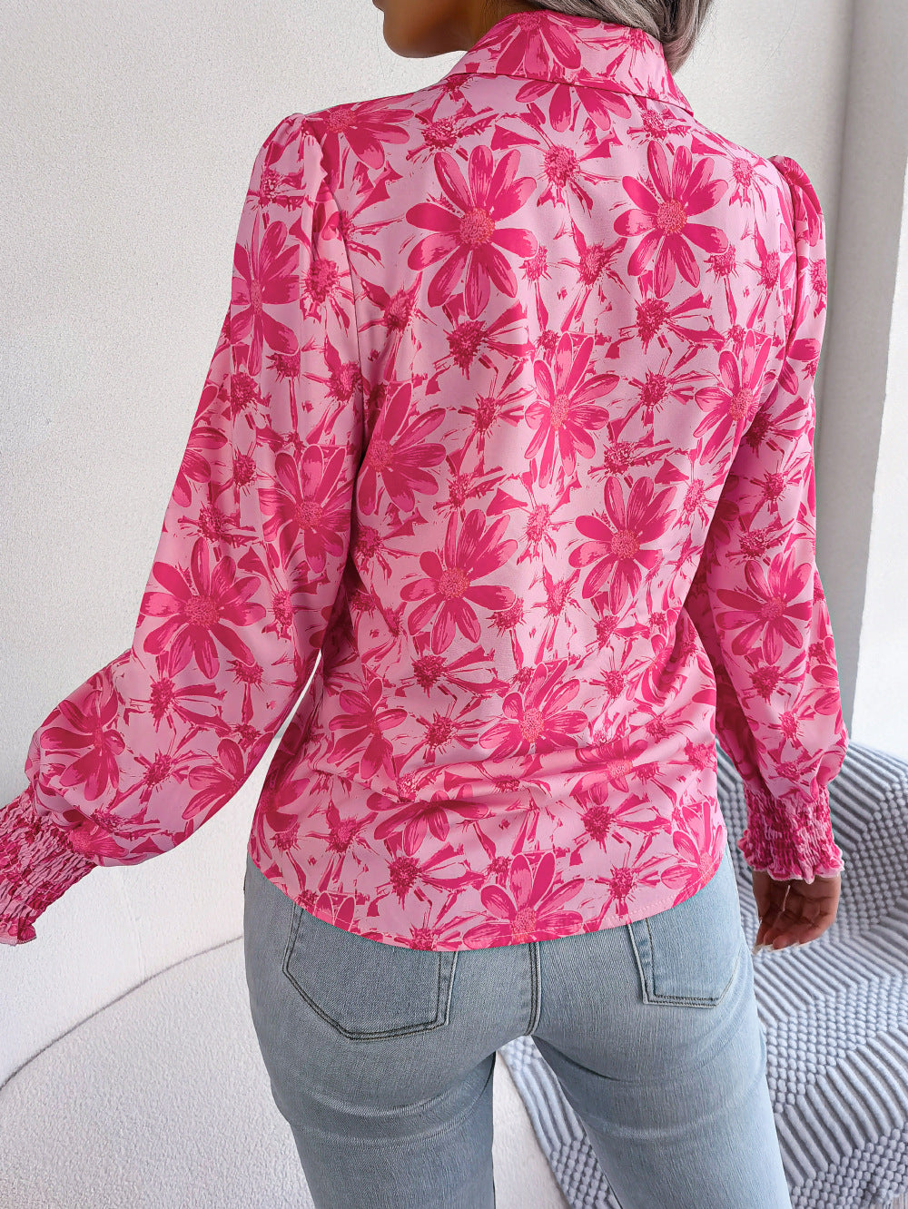 Spring Summer Casual Lantern Sleeve Contrast Color Floral Collared Shirt Women Clothing