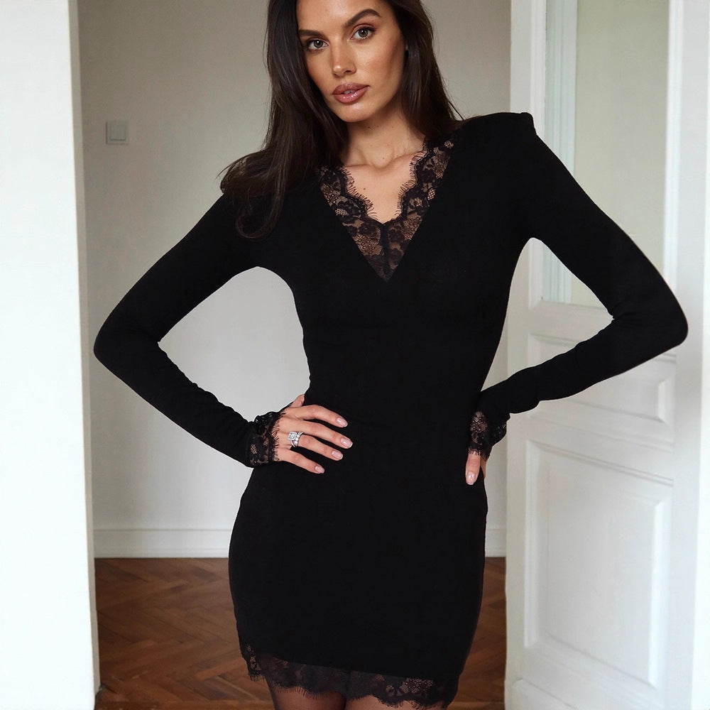 Autumn Women Clothing French Lace V neck Solid Color Simple Slim Fit Long Sleeve Narrow Short Dress