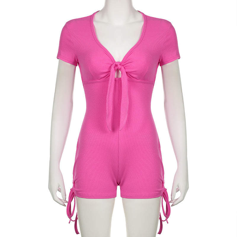 Summer Backless Drawstring Strap Sports Short Sleeved Jumpsuit Pleated Sexy Jumpsuit