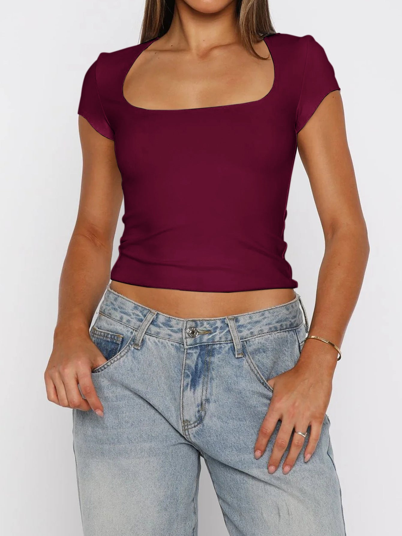 Women Clothing Summer Sexy All Match Solid Color Short Sleeved Top T shirt
