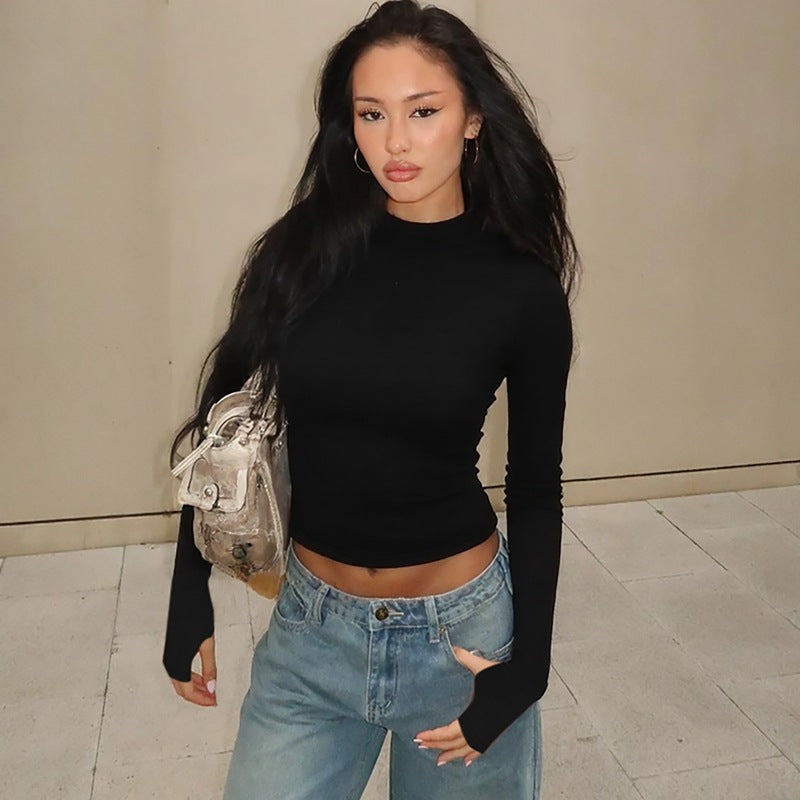 Women Clothing Summer Slim Fit Cropped Long Sleeved Knitted T shirt Top
