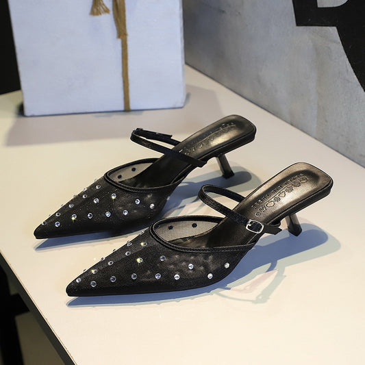 French Mesh Lace Pointed Toe Stiletto Toe Box Rhinestone Slippers Outer Wear Hollow Out Cutout Sexy Strap Half Slippers
