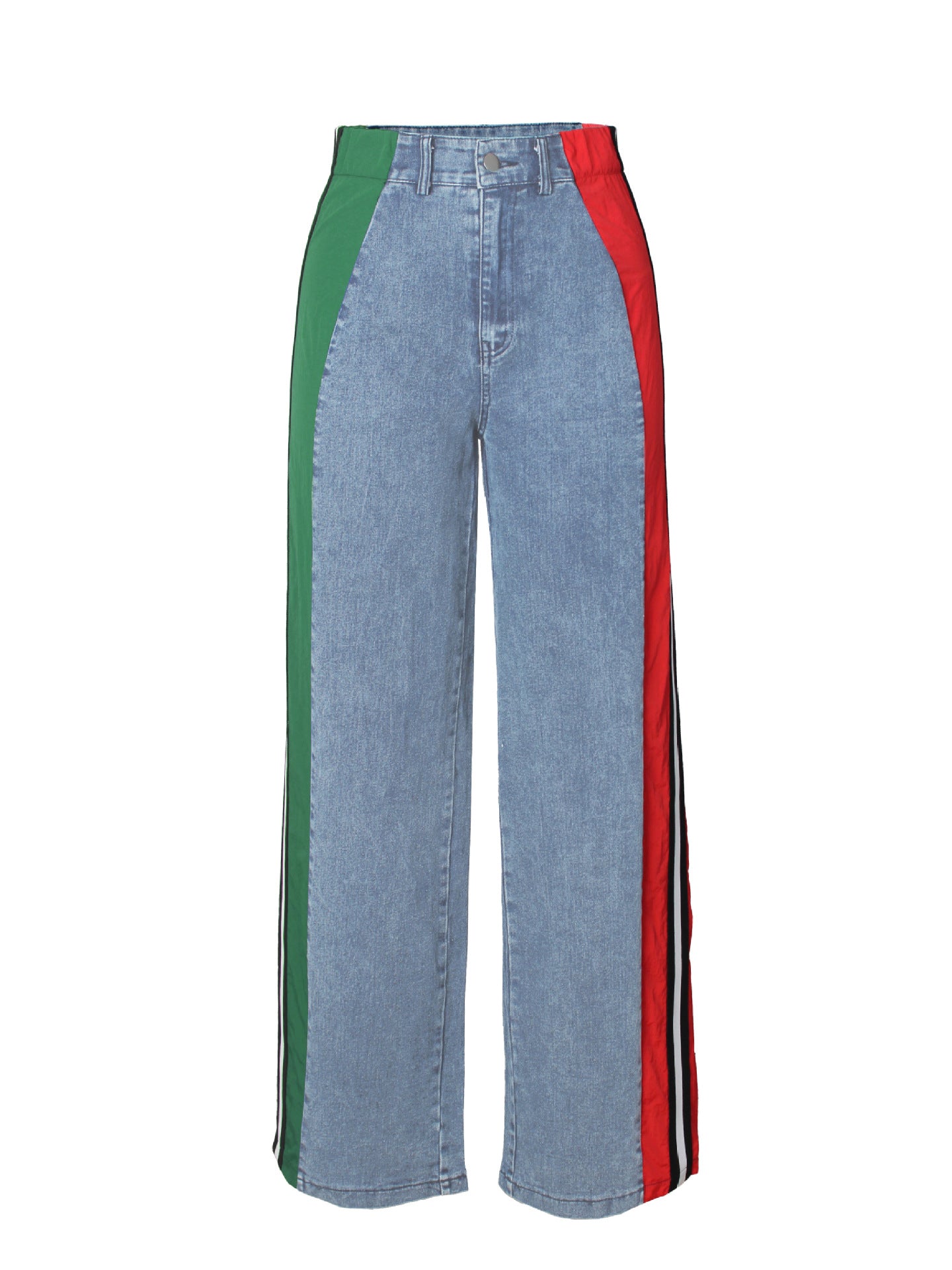 Women Clothing Patchwork Stripes Contrast Color Denim Trousers Casual Waist Stretchy Straight Leg Pants
