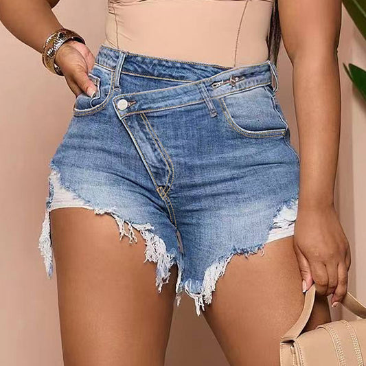 Spring Summer High Waist Sexy Raw Edge Denim Shorts Women Slim Fit Slimming