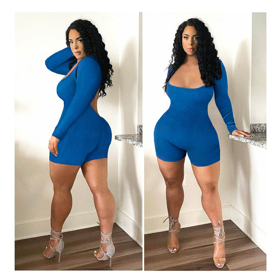 Women Clothing Goods Comfortable Rib Fabric Solid Color Sexy Backless Jumpsuit