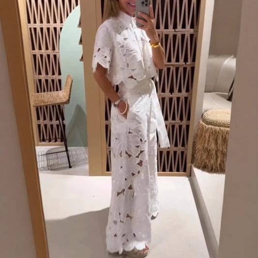 Summer Solid Color Sexy Cutout Cardigan Top Wide Leg Pants Two Piece Set Women