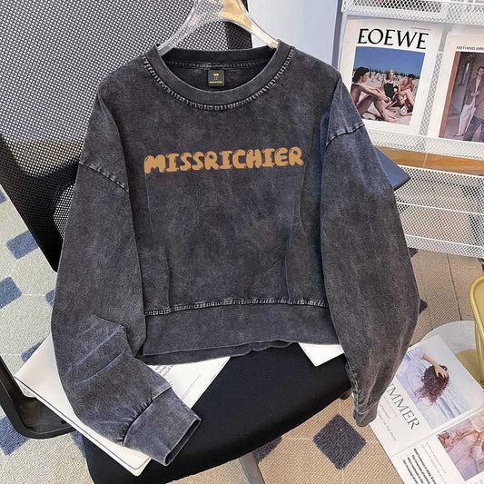 Niche Design Washed Out Vintage Cotton Sweatshirt Women High Street Washed Worn O Neck Short Long T Shirt