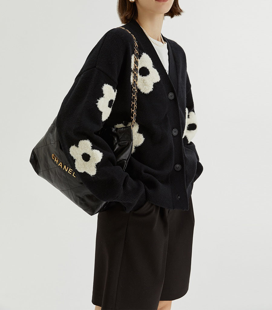 Sweater Women Coat Fall V Neck Three Dimensional Jacquard Knitted Cardigan