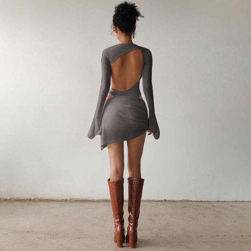 Winter Women Clothing Trendy Long Sleeve round Neck Backless Sexy Two Piece Sets