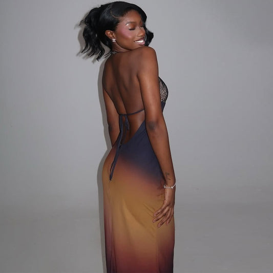 Women Clothing Sexy Halter Backless Casual Dress Lace Stitching with Color Changing Dress Women