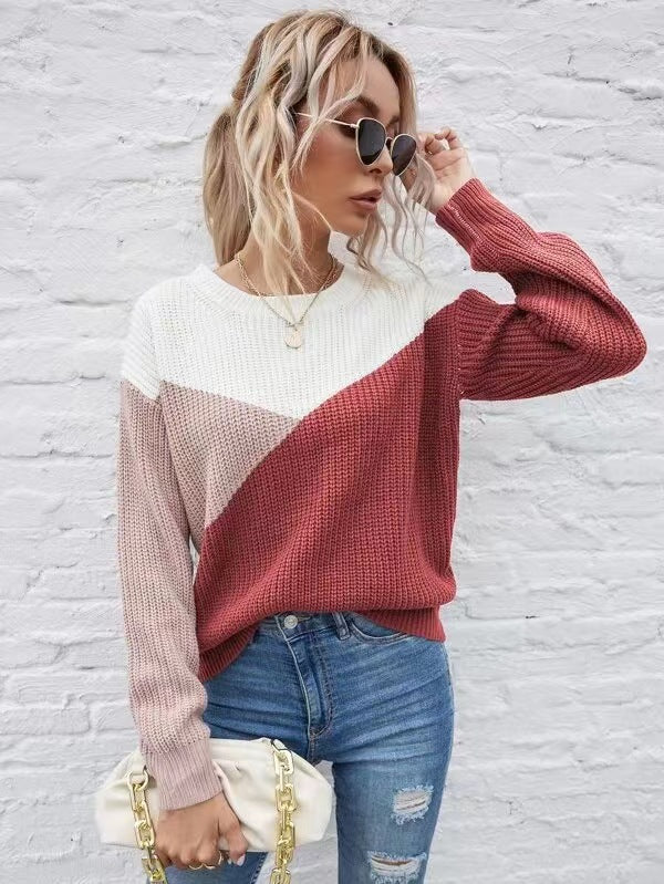 Pullover Sweater Color Matching Autumn Winter round Neck Knitted Street Hipster Sweater