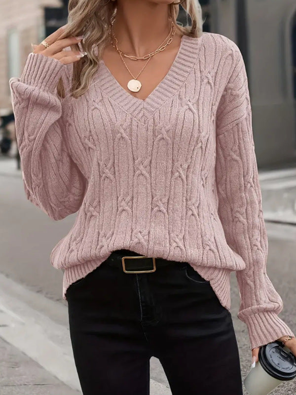 Women Clothing Autumn Winter V neck Sweater Women Twist Thread Solid Color Sweater Loose Top