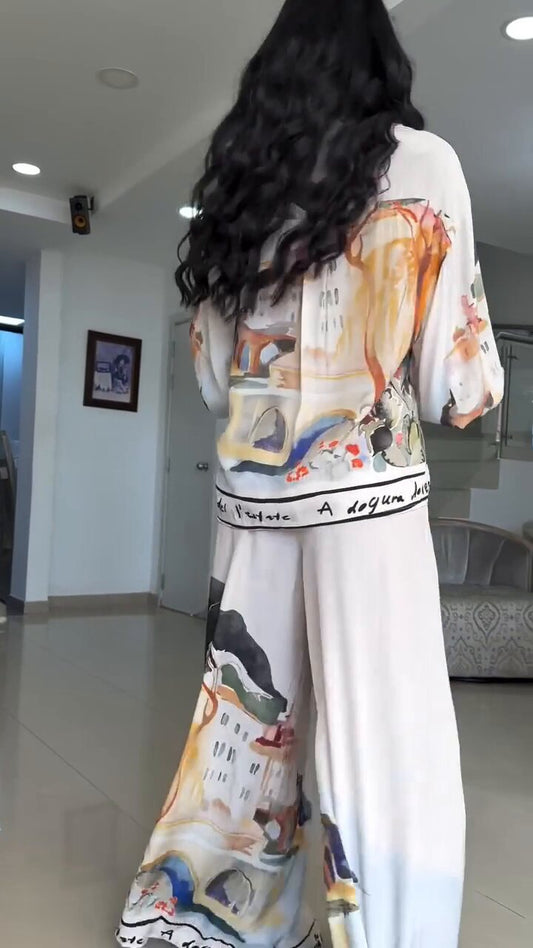 Women Clothing Positioning Printing Loose Lantern Sleeve Shirt Wide Leg Pants Two Piece Sets