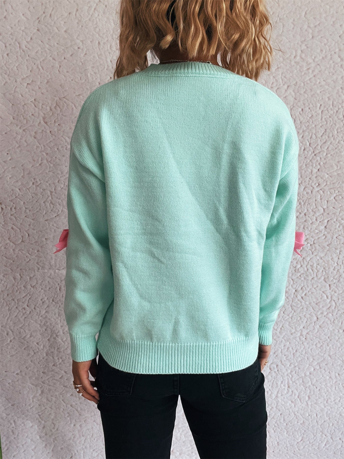 Sticky Bow Casual Sweet Knitted Top Autumn Winter round Neck Sweater Pullover