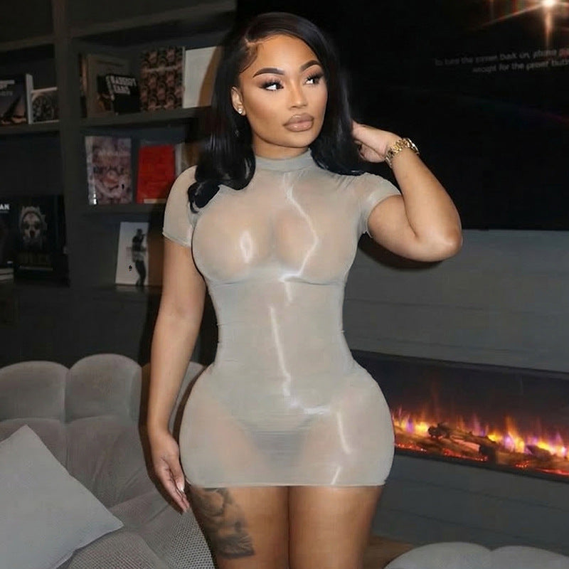Women Clothing Summer Solid Color Sexy See through round Neck Short Sleeve Slim Fitting Basic Dress